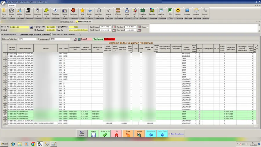 Planlama ve CP ekranı: malzeme, üretim ve sevkiyat adımlarının tarihsel planı