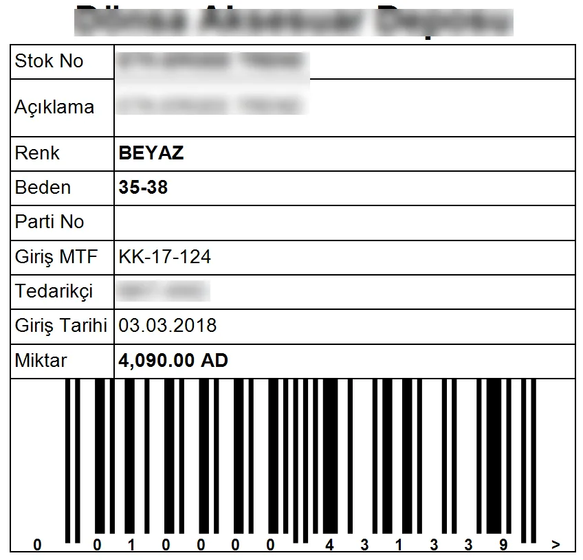 Aksesuar deposu barkod etiketi: stok kodu, renk, beden, giriş MTF ve miktar bilgisiyle